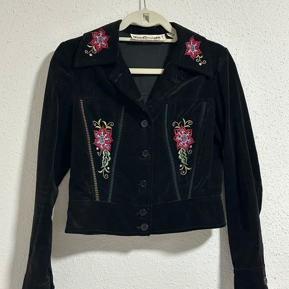 Vintage velvet black jacket and pants size youth 8 Pink and green embroidery.